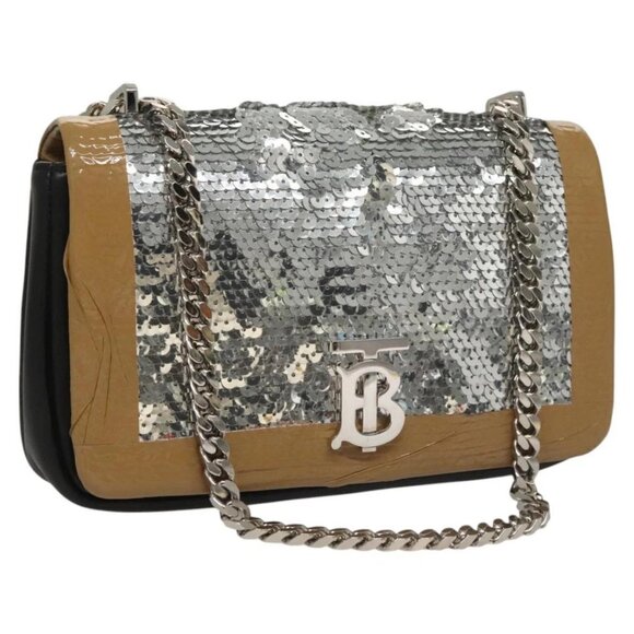 BURBERRY Sequin Chain Shoulder Bag Leather Silver Auth BA1535 - Picture 1 of 16